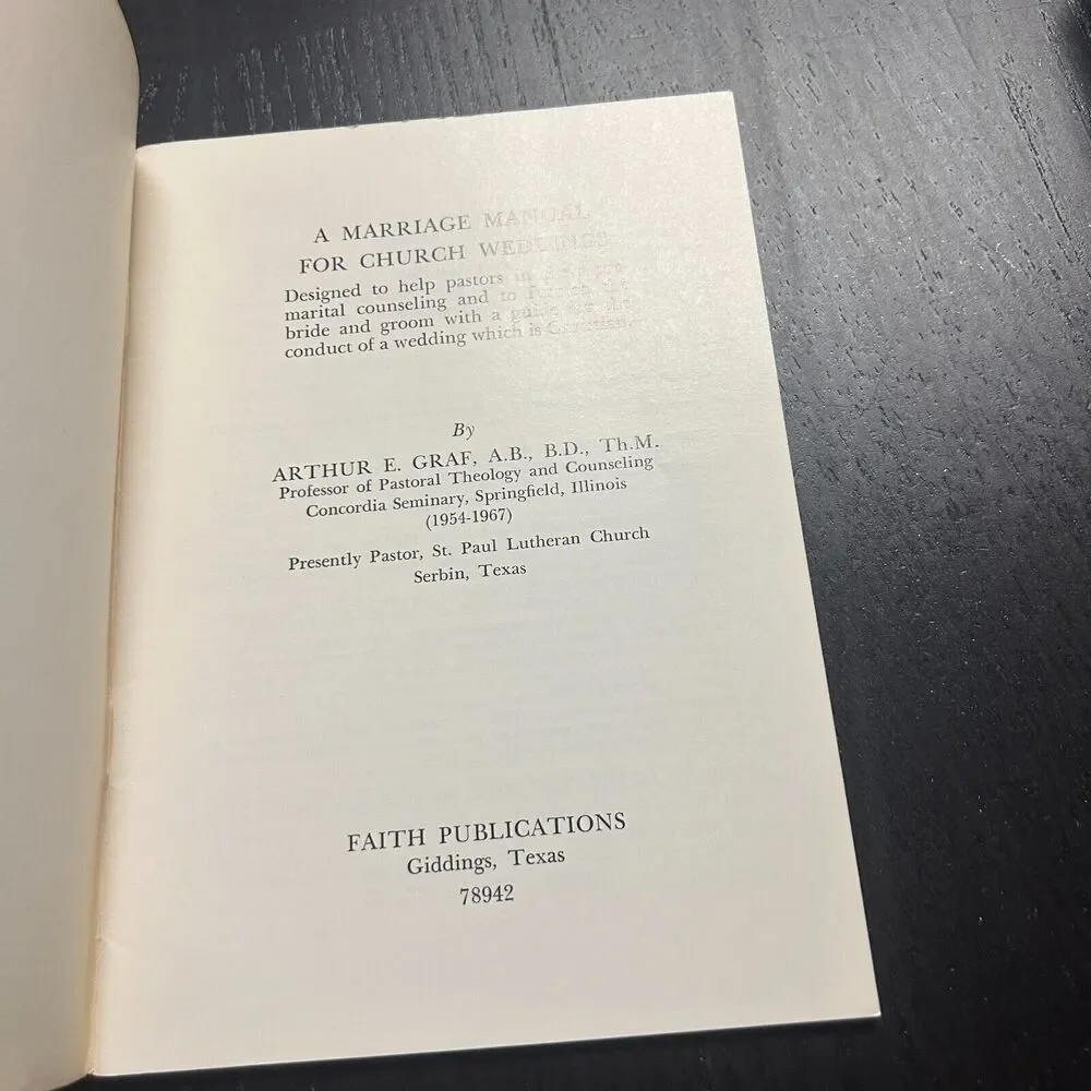 A Marriage Manual For Church Weddings by Arthur E. Grab 1970 Revised